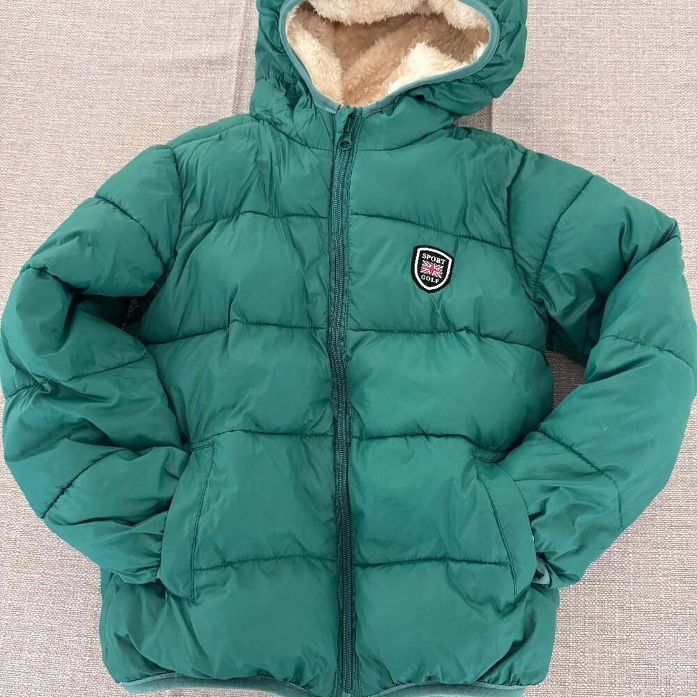 Green Kids Puffer Jacket US Size 7/8 Small Sherpa Lined Hooded Winter Coat Sport